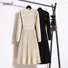 Casual Dresses EHQAXIN Winter Women's Knitted Dress Fashion 2024 Loose Long Leisure Sweater Button Pleated Ladies M-4XL