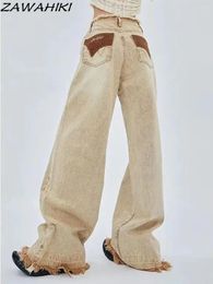 Women's Jeans Spring Autumn Frayed Vintage Patchwork Contrast Color Washed Women High Waist Loose Wide Leg Chic Streetwear Denim