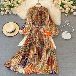 Chiffon Floral Printing Boho Dress Woman Puff Sleeve Lace-up High Waist Midi Pleated Dresses Women Beach Clothes Drop 240424