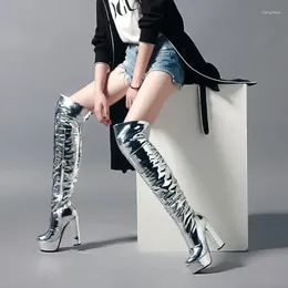 Boots 2024 Autumn And Winter Silver Patent Leather Thick-heeled Over-the-knee Large Size Waterproof High-heeled Snow