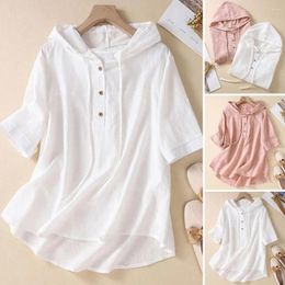 Women's Blouses Lady Blouse Solid Color Short Sleeve Buttons Hooded Pullover Top Loose Fit Drawstring Half Placket Casual Clothing