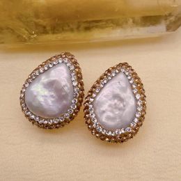 Stud Earrings KkGEM 20x26mm Real White Pearl Teardrop Shape Crystal Pave