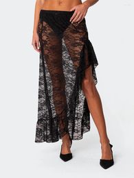 Skirts Women Y2k Lace Floral Midi Skirt Fairy Grunge Bodycon Half Solid See Through Wrapped Long Summer Beach