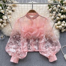 Women's Blouses Summer Blouse Women Korean Stand Neck Single Breasted Organza Tops Floral See Throught Vintage Shirt Camisas De Mujer