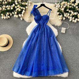 Casual Dresses Clothland Women Elegant Rainestone Sequined Dress Bow Tie Strap Zipper A Line Shinning Party Event Maxi Vestido QD529