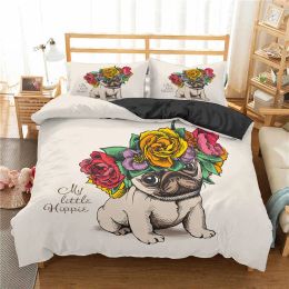 sets Pug Duvet Cover Set Pet Dog With Flower Bedding Set Animal Theme For Kids Teens Boy Cute Pug Dog King Size Polyester Quilt Cover