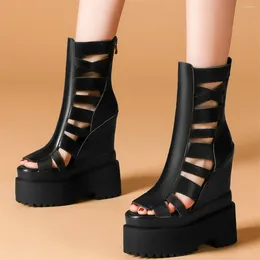 Dress Shoes High Top Summer Pumps Women Cow Leather Wedges Heel Gladiator Sandals Female Open Toe Fashion Sneakers Casual