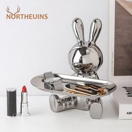 NORTHEUINS Resin Electroplated Astronaut Rabbit Tray Figurines for Interior Home Office Desktop Storage Container Decor Objects 240416