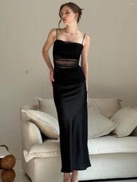Casual Dresses French Style Fancy Black Sheer Mesh Pleated Suspender Dress Women's Summer Elegant Slim-Fit Slit Hip-Wrapped Long