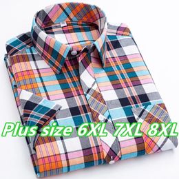 Summer Mens Designer Shirt Short Sleeve Luxury 100% Cotton Pockets Casual Plaid Soft Loose Blouse 6XL 7XL 8XL 240423