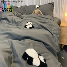 sets INS Style Cute Cartoon Panda Bedding Set Soft Duvet Cover Set Queen Full Size Flat Bed Sheet Kids Quilt Cover Pillowcase Kawaii