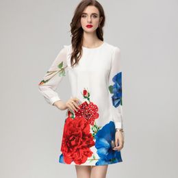 Women's Runway Dresses O Neck Long Sleeves Floral Printed Beaded Patchwork Fashion Short Vestidos