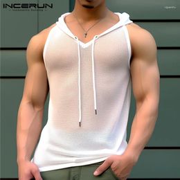 Men's Tank Tops INCERUN Men Mesh Transparent Hooded Sleeveless V Neck Male Vests Streetwear Solid Color Sexy 2024 Fashion Clothing