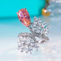 Cluster Rings QINHUAN Luxury Pink Water Drop High Carbon Diamond Ring S925 Sterling Silver Platnum Plated Angel Wing Finger For Women