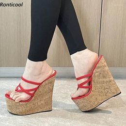 Sandals Ronticool Handmade Women Summer Mules Wedges High Heels Round Toe Beautiful Red Casual Shoes US Plus Size 5-15