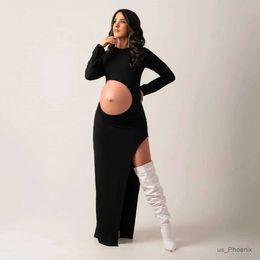 Maternity Dresses Stretchy Maternity Photo Shoot Dress Full Sleeve Slides Slit Pregnant Woman Long Dresses