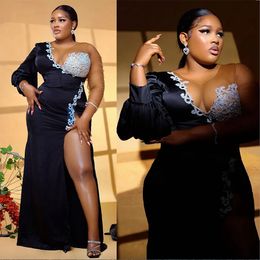 2024 Plus Size Aso Ebi Prom Dresses for Black Women Illusion Mermaid Black Promdress Evening Gowns Long Sleeves Side Split Birthday Dress for Special Occasion