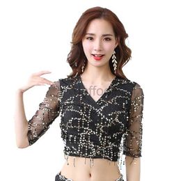 Stage Wear Women Dance Wear Costume Accessories Elastic Mesh Base with Sequins Fringes Belly Dance Shinny Tops Class Wear d240425