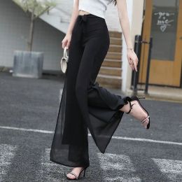 Capris Flare Womens Pants Silk Chiffon Satin Ruffle Mesh Clothing Transparent Tulle Trousers for Women Slacks One Size Summer 90s G Xxl