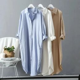 Polo-Neck Solid Casual Cotton Linen Long Sleeve X-Long Shirt Womens Blouse Shirt Korean Fashion Female Clothing Tops Spring 240424