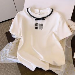 Summer White short-sleeved t-shirt women's summer design sense niche heavy with sequins tops new premium sense