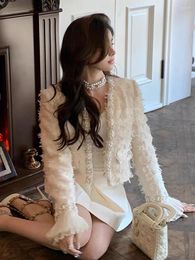 Women's Jackets 2024 Fashion Spring Autumn Full Sleeve Heavy Industry Embroidered Flares Tassel Tweed Spliced Lace Casual