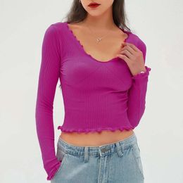 Women's T Shirts Streetwear Knit Crop Tops Ladies U Neck Ruffles Long Sleeve Blouse Shirt Female Solid Slim Fit Tee Y2k