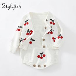 One-Pieces baby suit 02 years old female baby girls lovely and sweet cherry embroidered longsleeved jacket + ha skirt single shot