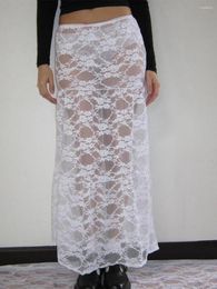 Skirts Y2K Vinatge Sheer White Lace Skirt Low Rise A-line Midi 2024 Summer Elegant Beach Party Long Women Vintage Clothes