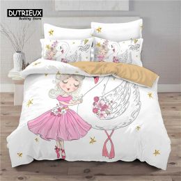 sets Cartoon Ballet Girl Toddler Bedding Set For Kids Teen Girls Microfiber Modern Swan Cat Unicorn Print Duvet Cover Bedroom Decor