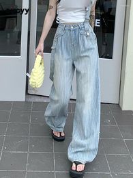 Women's Jeans Striped Baggy Women High Waisted 2024 Full Length Button Denim Pant Vintage Streetwear Fashion Wide Leg Overalls