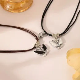 Pendant Necklaces 2Pcs Butterfly Heart Magnetic Couple Necklace For Women Men Sunflower ECG Leather Rope Valentine's Day Jewelry