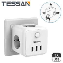 Chargers Tessan White Eu Plug Power Adapter with 3 Usb Charger Ports 3 Ac Outlets and On/off Switch Cord Overload Protection Multi Socket