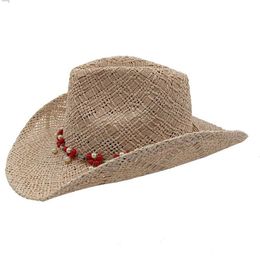 Wide Brim Hats Bucket Hats Cowboy hat-woven retro mens and womens large-brimmed jazz straw hats sunny beach cowboy hats Y240425