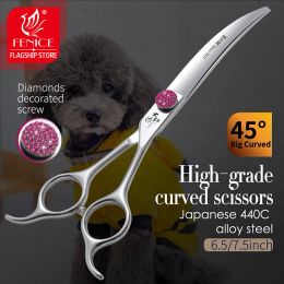 Scissors Fenice Pink Diamond Screw Pet Super Curved Scissors 45° 6.5/7.5inch Pet Dog Grooming Scissors Trimming Shear For Pet Beauticians