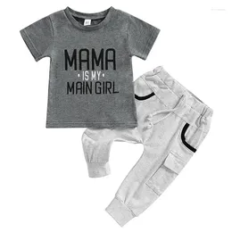 Clothing Sets Toddler Kids Boys Clothes Set Letter Print Short Sleeve Crew Neck T-Shirts Tops And Elastic Waist Long Pants 2Pcs