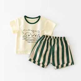 Clothing Sets 2024 Summer Baby Clothes Set Toddler Boys Cartoon Print T-shirt Striped Shorts 2-Pcs Suit Infant Outfit 0-3 Y H240425