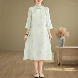 Party Dresses Half Sleeve Print Floral Stand Collar Vintage Chinese Style Summer Dress Thin Light Loose Fashion Women Casual Midi Robes