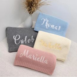 sets Personalised Name Baby Blanket Embroidered New Born Baby Blanket Stroller Swaddles Breathable Cotton Knitted Blanket Bedding Kid