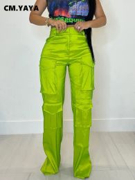 Capris CM.YAYA Women Fashion Multi Pocket Front Safari Style Straight Jogger Pants 2023 New Summer Zipper Fly Rose Red Cargo Trousers