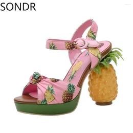 Dress Shoes 2024 Womens Peep Toe Pink Pineapple Fruit Printed Sandals Summer Strange High Heel Slingback Pumps Ankle Buckle Sweet