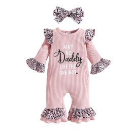 One-Pieces Lioraitiin 018M Newborn Infant 2Pcs Baby Girls Outfit Letter Leopard Print ONeck Flare Sleeves Jumpsuit Headband