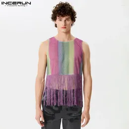 Men's Tank Tops INCERUN 2024 American Style Fashion Mens Rainbow Gradient Tassel Patchwork Vests Casual Clubwear Sleeveless S-5XL