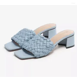 Slippers Brand Shoes Fashion Weave Female Sandals Comfortable Chunky Heels Simple Light Blue Women's 2024 Summer Slides Tacones