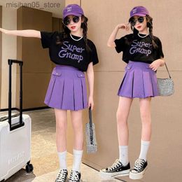 Clothing Sets Summer Youth and Girls Clothing Set Childrens New Fashion Letter Top+Skin 2PCS Clothing Childrens Athletic Clothing 5 6 7 8 9 10 12 13 14 Years Old Q240425