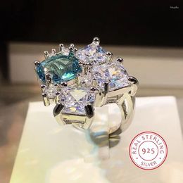 Cluster Rings Sparkling Sky Blue Gemstone Ring Luxury Bright Full Of Diamond Zircon High Fashion Jewelry 925 Sterling Silver Ladies