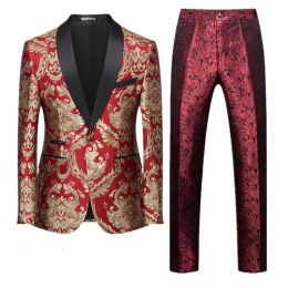 Jackets New Men Jacquard Suit 2 Piece Black / Blue / Red Fashion Men's Luxury Business Wedding Prom Party Dress Blazer Jacket and Pants
