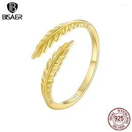 Cluster Rings BISAER 925 Sterling Silver Leaf Adjustable Ring Size 5-9 For Women Open Band Plated Gold Romantic Party Fine Jewellery