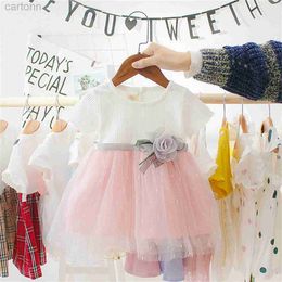 Girl's Dresses Baby Party Princess Dress Girl Flower Sweet Mesh Patch Short Sleeve Dress ChildrenS Birthday Dress d240425