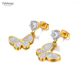 Stud Earrings FlyMango Fashion Stainless Steel CZ Crystal Butterfly Animal 18K Gold Plated Shell Earring For Women Pendientes FE22042